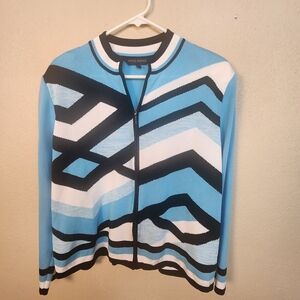 Ming Wang Blue and Black Geometric Zip Up Cardigan XL (5812)